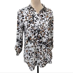 NWT Adrienne Vittadini Leopard print long sleeve blouse Roll-tab Cuffs S